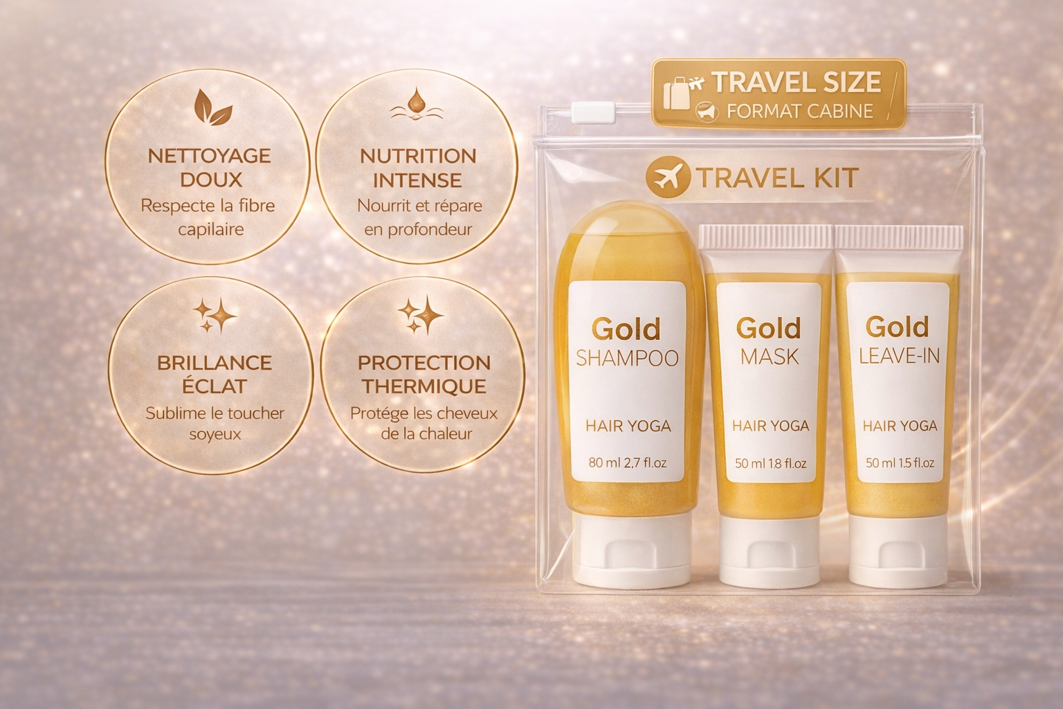 Travel Kit Gold Shampooing 80ml + Masque 50ml + Leave in 50ml