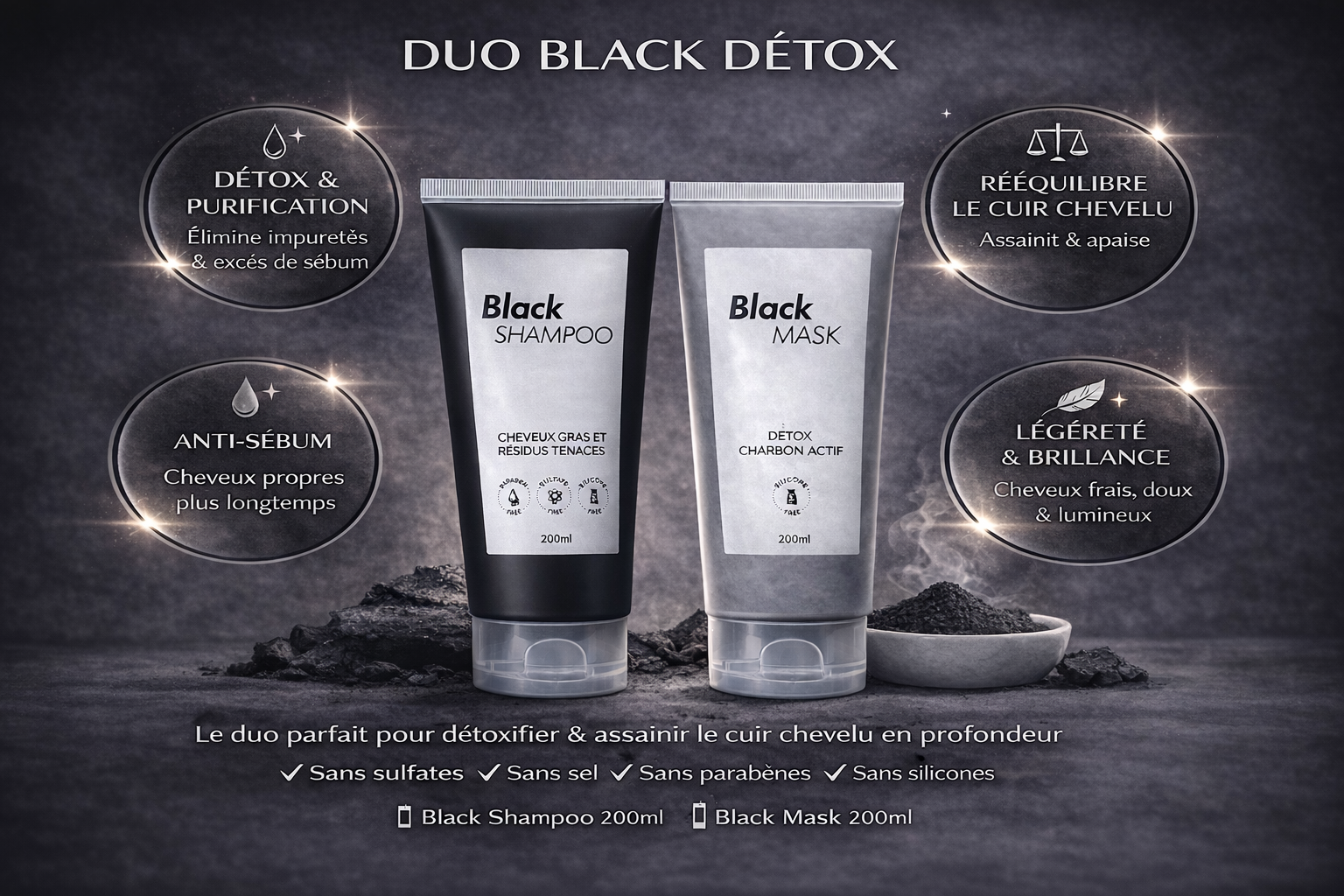 DUO BLACK DÉTOX – Shampooing & Masque au Charbon Actif